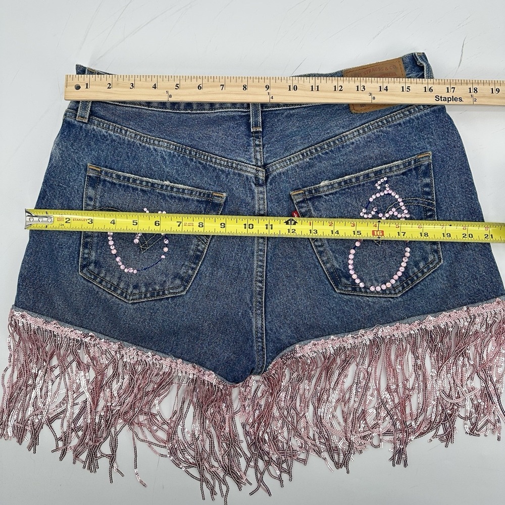 Levi's 501 Premium Custom Cutoff Shorts W30 Rhinestone Fringe Festival Y2K Denim - Picture 7 of 13